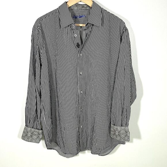 Robert Graham Shirt Size XL 44 17.5 Flip Cuff Black White Stripe Button Down - Picture 1 of 7